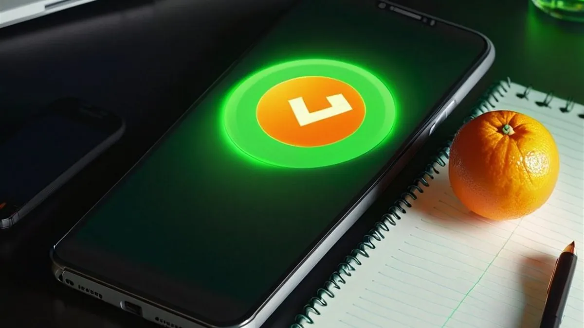 Celular con un botón naranja y verde en pantalla junto a un cuaderno y una mandarina