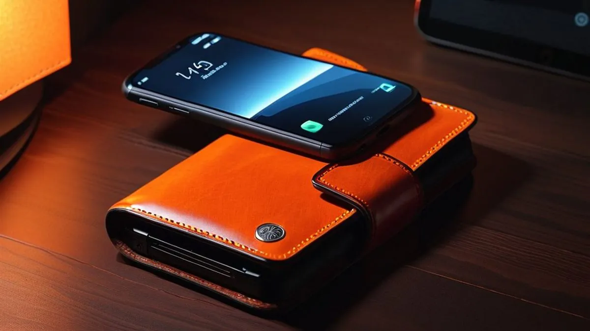 Celular sobre una cartera de piel naranja en un escritorio de madera