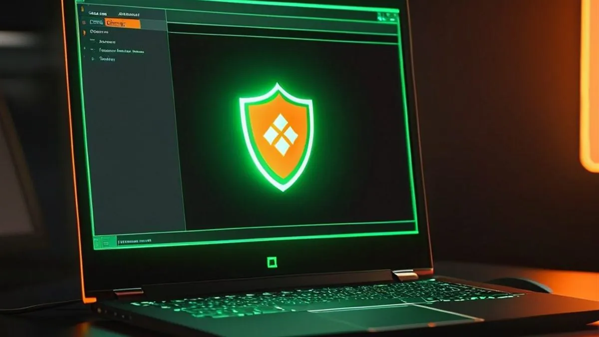 Laptop con un escudo naranja y verde luminoso en la pantalla sobre un escritorio