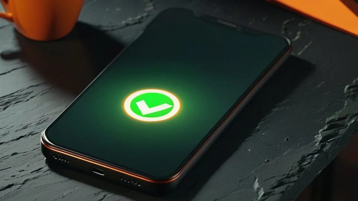 Celular sobre una mesa de pizarra con una marca de verificación verde junto a una taza de café