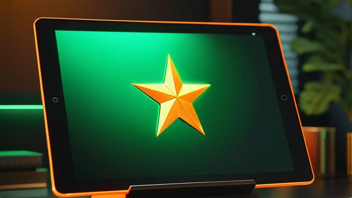 Tablet con una estrella naranja sobre pantalla verde en un escritorio oscuro