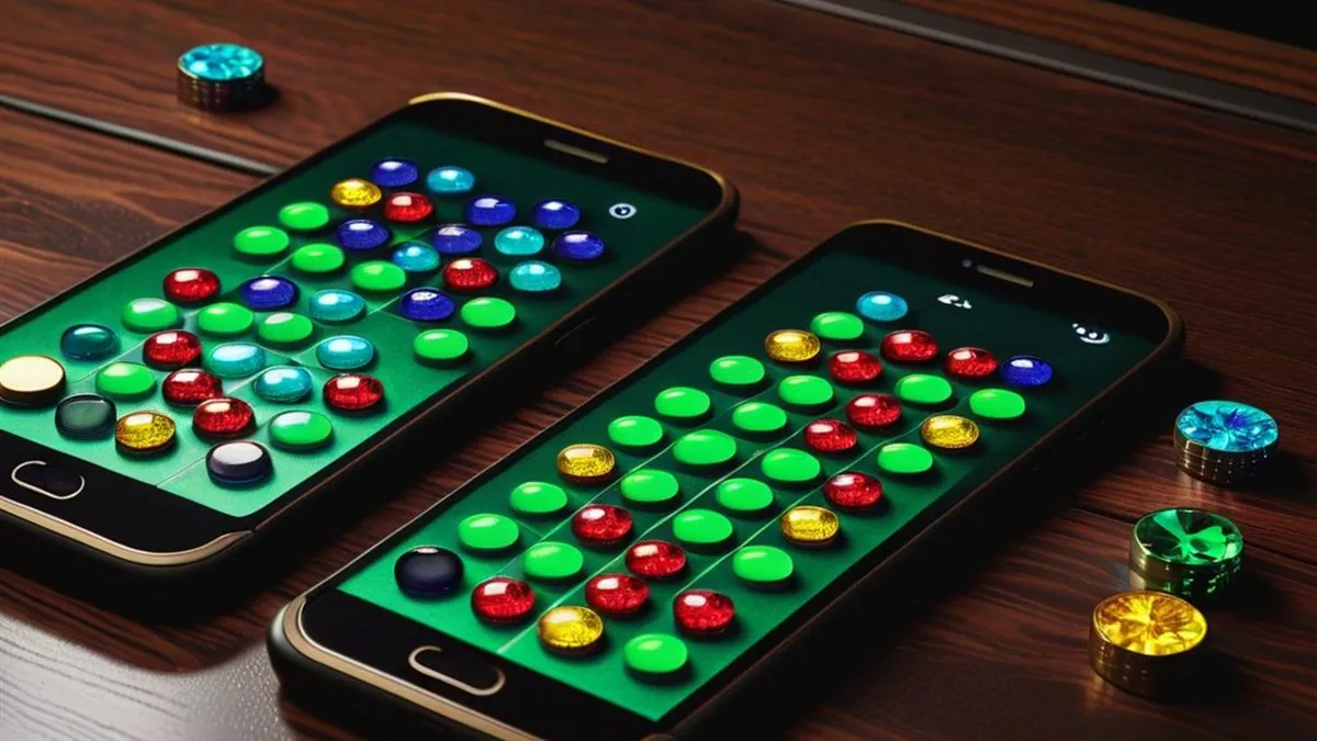 Dos celulares sobre una mesa de madera con fichas de juego de colores en la pantalla